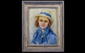 Original Oil On Board By Marguerite Stekke (1886 -1962) Titled 'The White Hat',