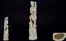 Japanese - Meiji Period 1864 - 1912 Well Carved and Signed Okimono Ivory Figure of a ' Fisherman '