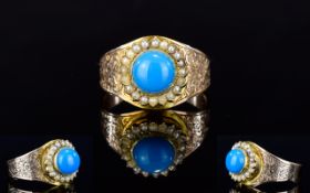 Antique Period High Ct Gold Turquoise and Seed Pearl Set Dress Ring.