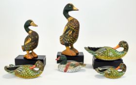 Collection of Six Carved Ducks. Various poses and sizes.