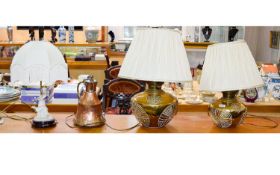 A Pair Of Ornamental Brass Lamps Squat, spherical lamps in brass with impressed floral oriental
