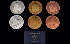 Retro Pattern Coin Collection of Edward VII Proof Crowns ( 3 ) In Silver, Bronze and Copper. Boxed.