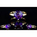 Amethyst Heart Cut and White Topaz Baguette Cut Ring,