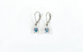 Pair of Mercury Mystic Topaz Drop Earrings, each earring comprising a pear cut solitaire topaz of