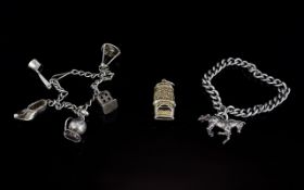 Two White Metal Charm Bracelets and a Silver Whistle, the larger curb chain bracelet with one