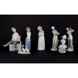 Seven Various Nao by Lladro Figures comprises young girl with doll, swan figure group, two lady