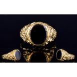 Gents 9ct Gold Single Stone Black Onyx Set Dress Ring, with Bark Finish to Shank. Fully Hallmarked.