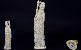 Japanese Meiji Period 1864 - 1912 Signed and Nice Quality Tall and Impressive Carved Okimono Ivory