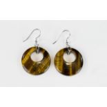 Tiger Eye Circular Hoop Drop Earrings, circles of tiger eye totalling over 50cts,