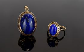 A 9ct Gold - Single Stone Lapis - Lazuli Cabouchon Cut Single Stone Dress Ring with Matching 9ct