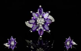 Amethyst Flower Cluster Ring, marquise c