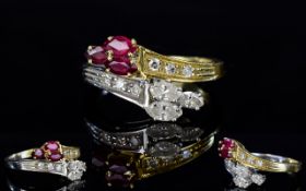 18ct Two Tone Gold Diamond and Ruby Dress Ring, of Attractive Form.