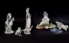 Four Lladro Figures comprising Hound Dog playing the Cello no 7059 ( damage to top of cello),