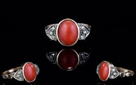 Antique - 9ct Rose Gold Coral and Diamond Set Dress Ring.