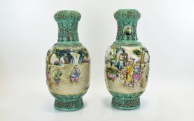 Pair Of 20thC Oriental Moulded Vases, Crackle Glazed Bodies, Both Depicting Figures, Children