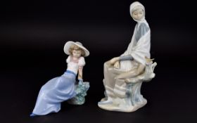 Lladro Hand Painted Figures ( 2 ) Comprises 1/ Young Girl ( Shepherdess ) Sitting on a Tree Stump