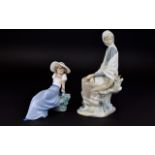 Lladro Hand Painted Figures ( 2 ) Comprises 1/ Young Girl ( Shepherdess ) Sitting on a Tree Stump