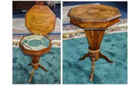 Antique Sewing Table A small octagonal table with trefoil legs and ribbon inlay to top. Height 23.