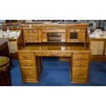 Large Mid 20thC Roll Top Writing Desk, Fully Fitted Interior Containing Pigeon Holes,