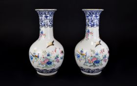 Pair Of Italian Porcelain Vases, Decorated With Floral And Exotic Birds. Marked FG Made In Italy