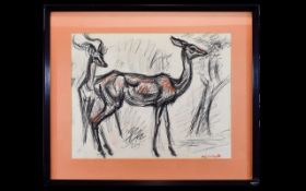 Original Chalk Pastel And Charcoal Signed Drawing Circa 1930's Depicts two young deer rendered in