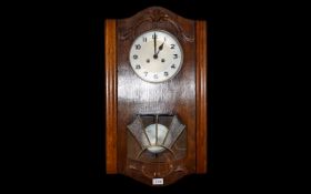 Art Deco Oak Cased Wall Clock, Silvered Dial With Arabic Numerals, Spring Driven Movement,