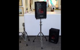A Pair of Prosound Speakers with chrome floor standing adjustable supports.