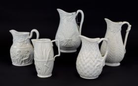 Five Various 19thC Harvest Time Moulded Jugs comprising one white Dudson jug with a large wheatsheaf