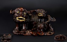 Chinese 19th Century - Superb Quality Singed - Huanghuali Wood Carving of Temple Dogs.