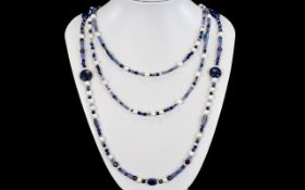 A Handmade Cultured Freshwater Pearl, Blue Agate And Blue Tigers Eye Long Necklace Handmade in