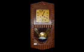 Art Deco Oak Cased Wall Clock, Square Dial With Arabic Numerals, Spring Driven Movement,