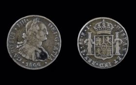 Carolus IIII 8 Reales Silver Coin. Date 1806, Reeded Edge, Mint Mark 0/S. Santiago Chile.