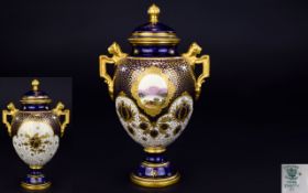 Coalport - 19th Century Hand Painted Twin Handle and Lidded Small Urn Shaped Vase. c.