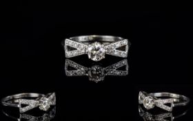 Art Deco Period Bow Shaped Diamond Ring Set In Platinum and Marked Platinum,