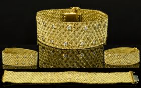 Top Quality Retro and Stylish 18ct Yellow Gold Mesh Bracelet Set with Diamonds From The 1960's.