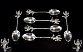 Oriental - Good Quality Set of Six Silver Figural Headed Teaspoons From The Early 20th Century