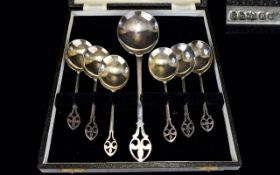 Arts and Crafts Superb Set of Silver Plated Fruit Spoons. Comprises 1 Large Serving Spoon and Six