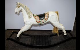 Childs Wooden Carved Rocking Horse, Painted White On Bow Rocker Base, Ear Chipped, Some Paint Loss.