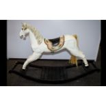 Childs Wooden Carved Rocking Horse, Painted White On Bow Rocker Base, Ear Chipped, Some Paint Loss.