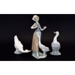 Lladro Figure ' Girl with Duck ' Model No 1052. Issued 1991 - 1993. Height 9.5 Inches + Two Nao by