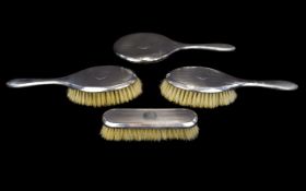 Four Piece Silver Backed Brush Set And Mirror, Engine Turned Backs,