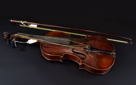 20thC Half Size Violin & Bow, 12 Inch Back,