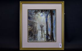 Michael Crawley 20th Century Derbyshire Artist ' Best Pals ' Evening Stroll In The Rain -