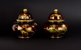Carlton Ware Rouge Royale Pair of Lidded Squat Ovoid Vases ( 2 ) Decorated In Painted Enamels to