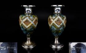 Royal Doulton Wonderful Quality Pair of Tube lined Vases of Waisted Form with Solid Silver Necks
