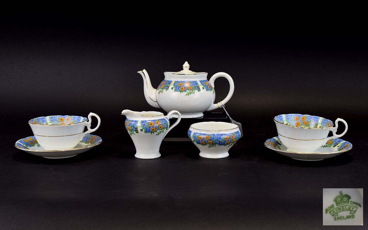 Aynsley - 1930's Bone China Tea for Two Service. Orange Flowers on Blue Ground.