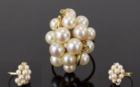 A Fine Quality 14ct Gold and Mikimoto Pearl Cluster Cocktail Ring. Marked 14ct. As New Condition.
