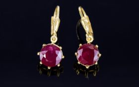 Ruby Solitaire Lever Back Drop Earrings, each round cut solitaire ruby being 2.5cts, claw set in