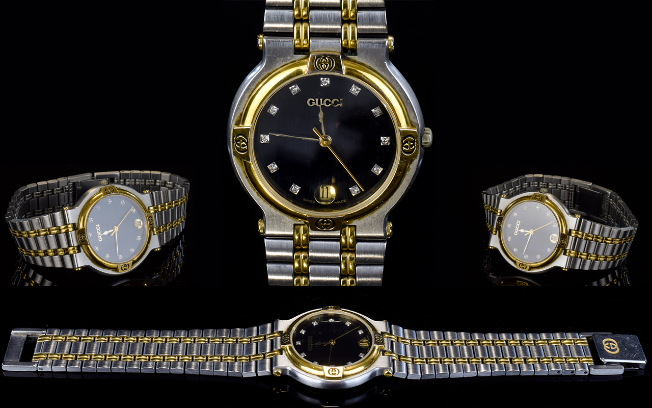 Gucci - Ladies Two Tone Gold and Stainless Steel Wrist Watch with Diamond Markers to Dial.