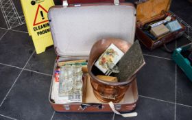 Vintage Suitcase to Contain, Coal Bucket, Brass Candlesticks, Cutlery,